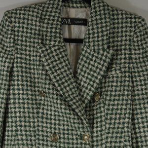 NWOT Zara Double-breasted Textured Weave Blazer Green/White Size S #467